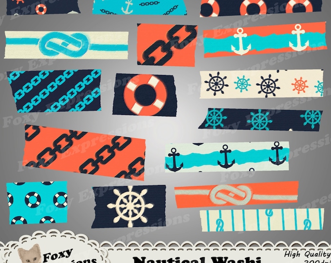 Nautical Digital Washi tape pack comes in fun anchors, wheels, knots, chains, and life saver patterns. In shades of blue, red & cream.