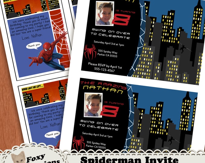 Spiderman Birthday Invitations and free thank you cards . Comes in 5x7 or 4x6. You can add a photo of your child. Can be emailed or printed.