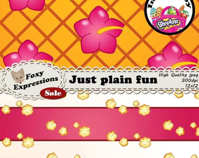 Just for fun digital paper pack is inspired by Shopkins. It features Strawberry Kiss, Kooky Cookie, Apple Blossom, Pineapple Crush, and more