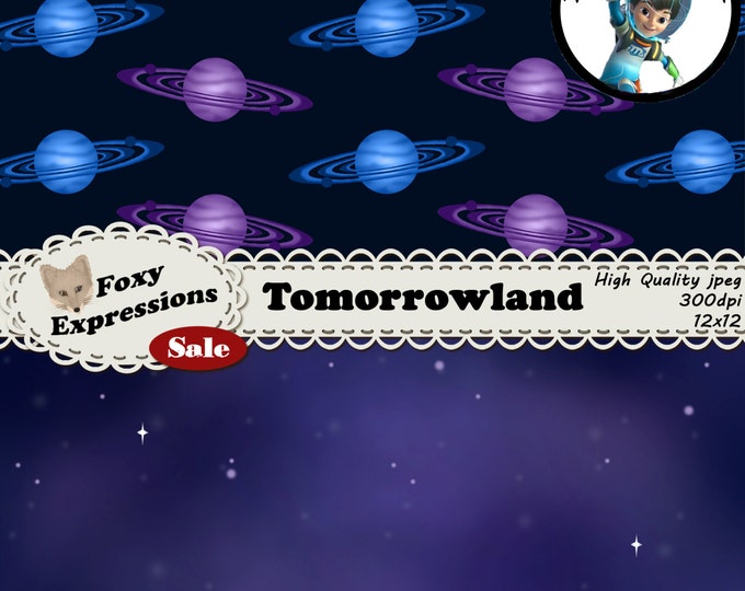 Tomorrowland digital paper pack inspired by Miles of Tomorrowland. Designs includes space, planets, light speed, stars, TTA, Rockets, & more
