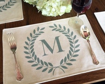 16 Color Choices: Monogram Laurel Wreath Placemat of Natural 100% Cotton Canvas or Burlap | Cotton Backing | 11" x 16"