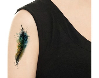Temporary Tattoo - 5" x 1.5" Watercolor Feather / Set of 4 Feathers/Vintage Feather/Vintage Feathers