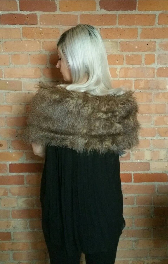 Faux fur scarf shawl wrap. Brown wolf faux fur. Rockabilly