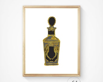 Perfume bottle print, Wall art, fashion print, gift for her, perfume bottle art, home decor, gold foil print, black and gold, Bottle prints