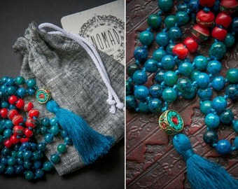 LHASA MALA necklace with silk tassel and NEPALESE beads / chrysocolla bones coral / Yoga Necklace