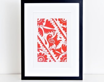 Mexican Bird Folk Art Linocut Print 8x10
