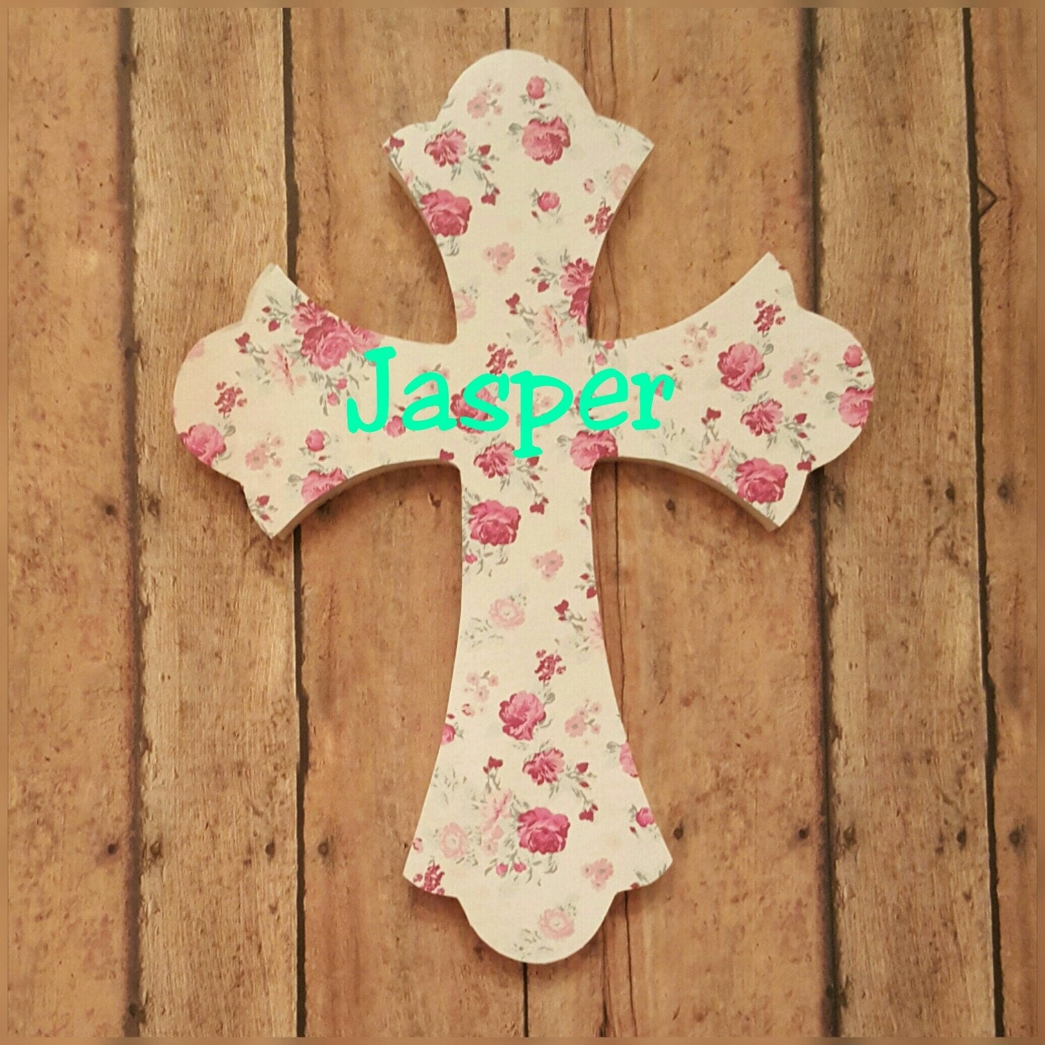 Baptism Cross Pink Flowers Gift Baby Girl Personalized Crosses