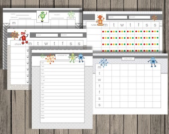Kids charts - chore chart, behavior chart, rules chart, potty training chart, and daily kid schedule. Robot Design.