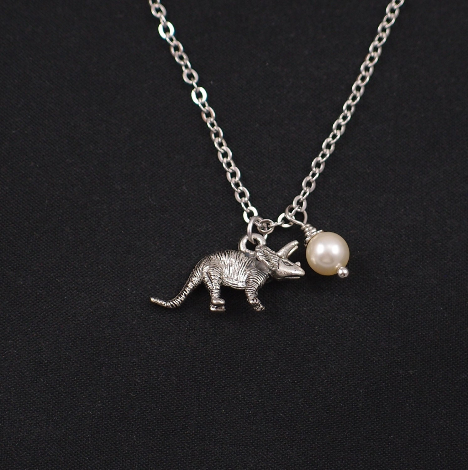 dinosaur necklace sterling silver filled Swarovski pearl