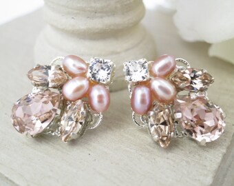 Wedding Earrings, Blush post wedding earring, Swarovski rhinestone and freshwater pearl bridal earring, Bridesmaid earring