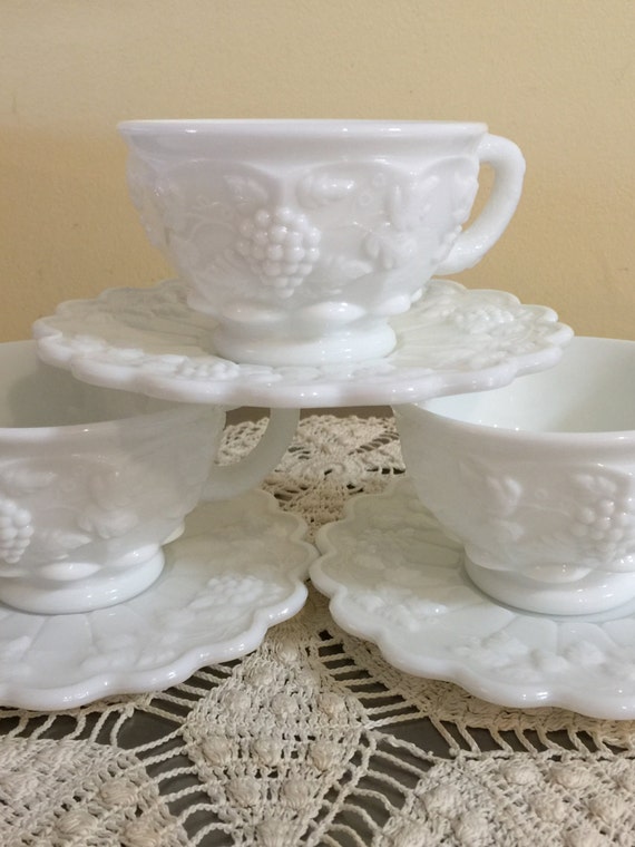 Vintage Westmoreland Milk Glass Cups and Saucers Paneled