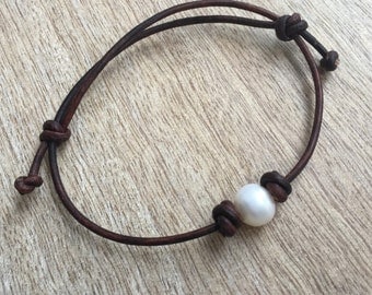 Freshwater Pearl Anklet, Adjustable Pearl Leather Anklet, Antique Brown LA001035