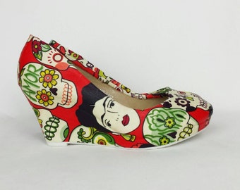 Frida Kahla, Frida Kahla shoes, women shoes, Day of the dead, sugar skull wedges, rockabilly style, alternative clothing, gift for her, alt