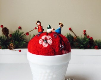 Handmade Vintage Milk Glass Decorative Christmas pin cushion/Christmas Decor