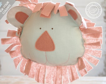 Lion Pillow in Linen, Baby Pillow, Decorative Pillow, Mint & Pink Baby Decor, Mint Nursery Decor, Personalized Baby Gift, Baby Girl Pillow