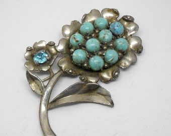 Vintage large faux turquoise silver tone flower brooch