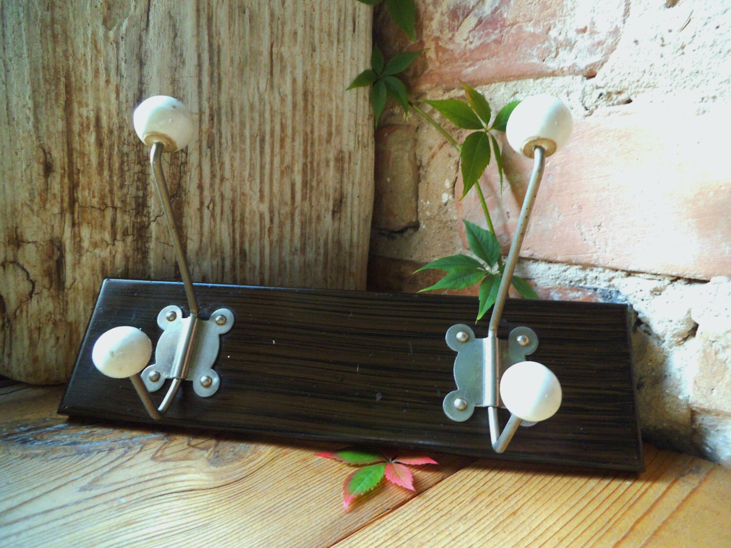 Metal Coat Rack Hooks with White Porcelain Knobs Vintage Wall