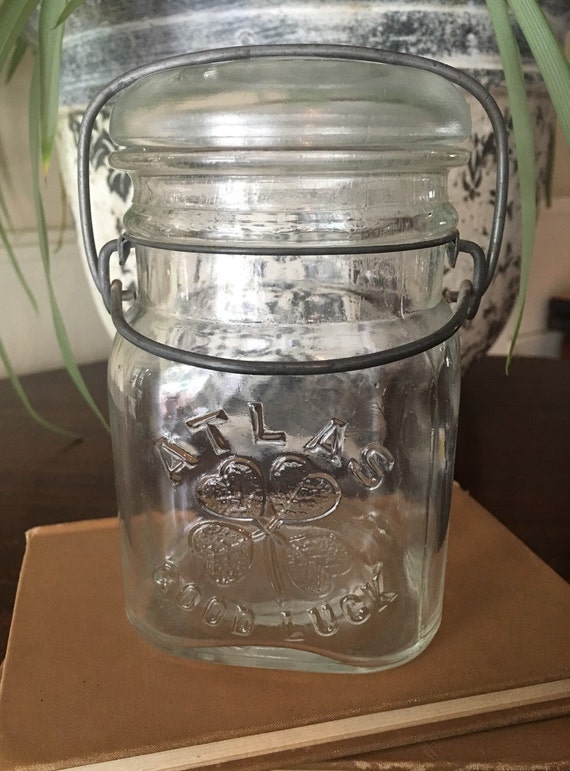 Atlas Pint Good Luck Jar with Glass Lid and Bail- Atlas Four Leaf Clover Fruit Jar - Good Luck Canning Jar - Embossed Jar