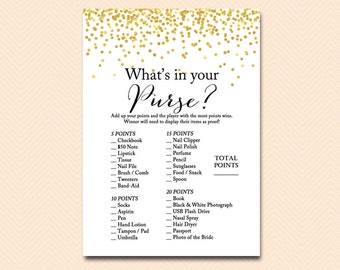what's in your purse, purse game, bridal shower purse game, Gold Confetti Bridal Shower, Bachelorette, Wedding Shower BS46