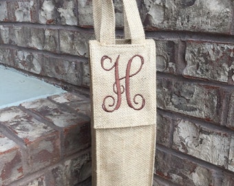 Monogrammed BURLAP Wine Tote | Insulated Wine Bottle Bag | Monogrammed Wine Bag