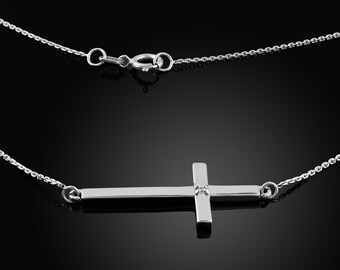Silver Sideways Cross Diamond Necklace .925 Solid Sterling Silver Sideways Cross Diamond Necklace