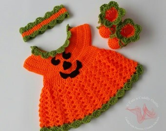 Baby Halloween Costume, Girl Pumpkin costume, Baby Jack-O'-Lantern Costume, Baby Dress, Baby headband, Baby shoes, Baby shower gift, Baby