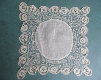 Antique Lace Handerkchief Brussels Point de Gaze German Cotton Whitework 8" Sq.
