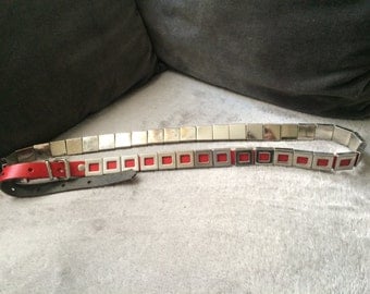 Red Studded Belt, Vintage Red Belt, Retro Leather Belt, Red Leather Belt, Futuristic Belt, 80s Belt, Red Skinny Belt, Steampunk Belt.