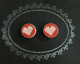 Laser Cut Red & White Pixel Heart Acrylic Stud Earrings
