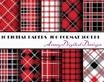 Plaid digital paper, Tartan digital paper, Red and Black, Christmas paper, Plaid paper, Plaid digital paper, Red and Black paper