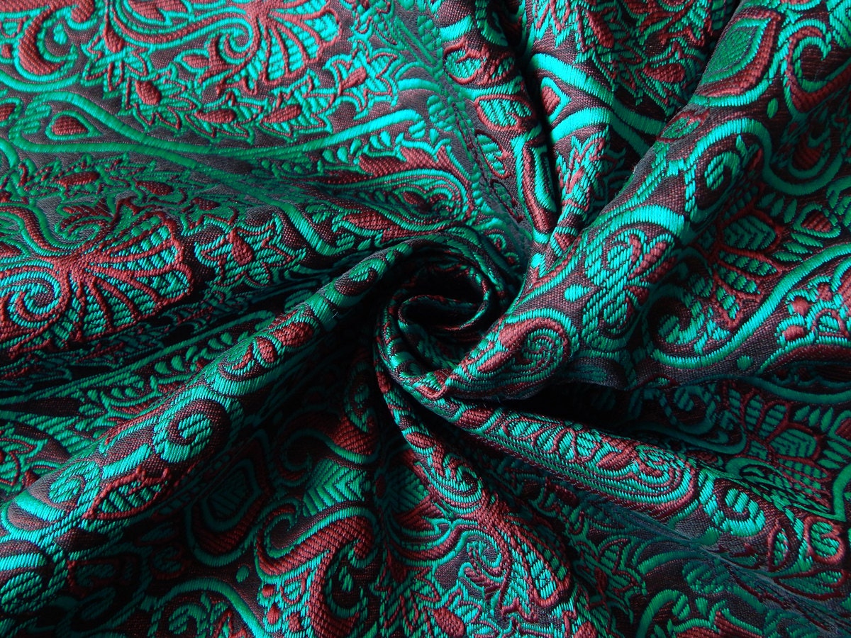 1 yard of Teal Green Brocade Fabric Poly Silk Brocade Fabric