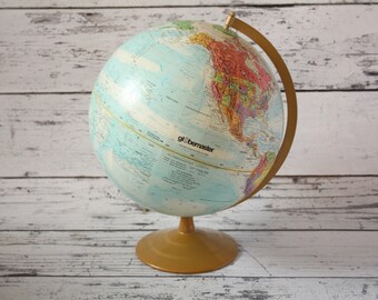 Vintage Globemaster Globe World Map Light Blue Colored Brass Color Metal Base Earth Spinning 12" Inch Diameter World Classic Topographical