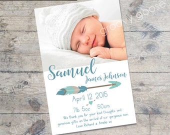 Tribal Arrow (Blue) BABY ANNOUNCEMENT Card DIY Printable Baby Thank You Card