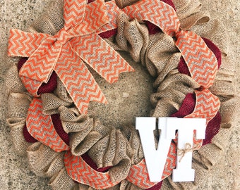 Virginia Tech Wreath, Fall Wreath, Hokies Wreath, Virginia Tech Hokies, Virginia Tech Burlap Wreath, House Divided Wreath, Football Wreath