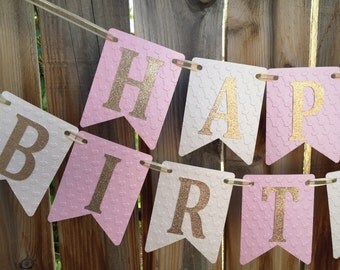 Pink and Gold Happy Birthday Banner, Pink and Gold Birthday, Pink and Gold Birthday Banner, 1st Birthday Banner, Pink Girl Birthday Banner