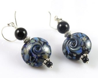 Blue and Black Lampwork Earrings, Blue Swirl Earrings, Lampwork Glass Jewelry, Lentil Bead Earrings, Denim Blue