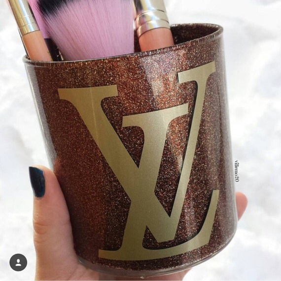 Items similar to LV inspired makeup brush holder. Decal in metallic gold Inside sealed--glitter ...