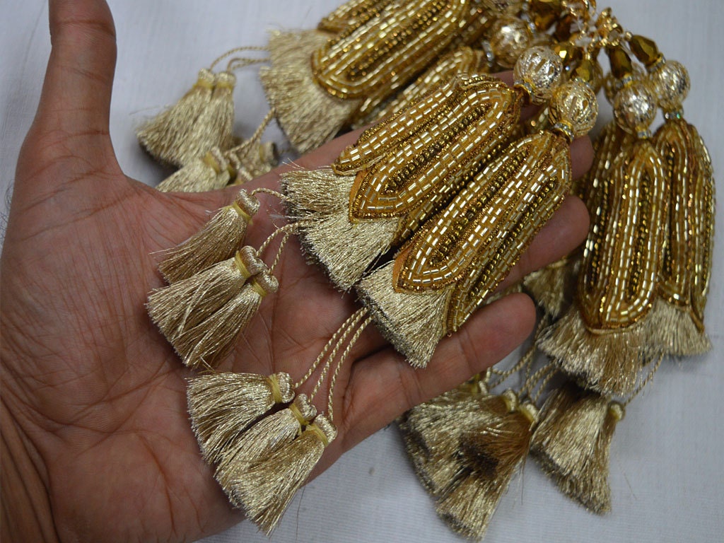 1 Pair Beaded Gold Tassels Decorative Handmade Tassels for