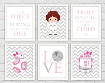 Star Wars Nursery Art Prints. Princess Leia BB-8 R2-D2 Pink Gray Girl Room Wall Decor. Star Wars Quotes. Set of 6 Prints. Item No.: 117