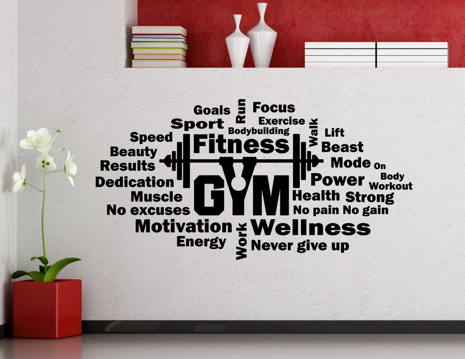 Fitness Wall Decal Word Cloud Gym Motivational Barbell Vinyl