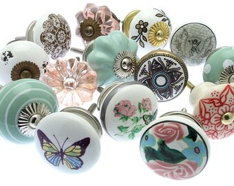 Mixed Set of 14 Hand Painted Shabby Chic Ceramic and Glass Cupboard Drawer Knobs (MG-265)