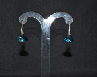 Swarovski crystal earrings 925 sterling silver hooks triangle bermuda blue