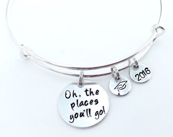 Oh, the places you'll go Bangle Bracelet with hand stamped grad cap and hand stamped 2017 charms, Graduation Bracelet, Graduation Bangle
