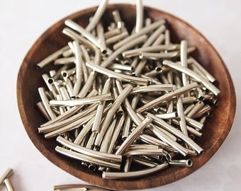 50 Metal Curved Tube Beads Silver Tone Size 14 x 1.5mm