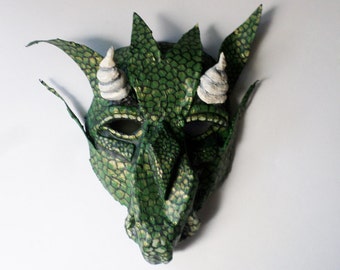 Dragon Mask, fantasy creature, wearable,horned lizard creature, green and gold