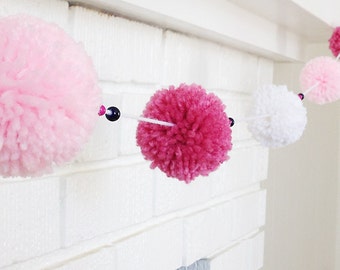 Yarn Pom Pom Garland - Pink and White Yarn Pom Pom Garland - Birthday Party Garland- Pink Garland - White Garland - Polka Dot Garland