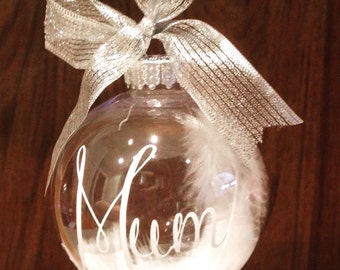 Memorial bauble, personalised bauble, feather bauble, in memory decoration, name ornament, memorial ornament, mum memorial, baby memorial