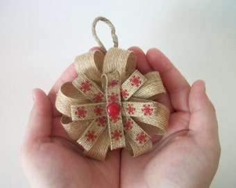 Rustic Burlap Bow Ornaments, Set of 3, Handmade Burlap Christmas Ornaments, Rustic Gift Tags, Christmas Gifts, Gift Bows
