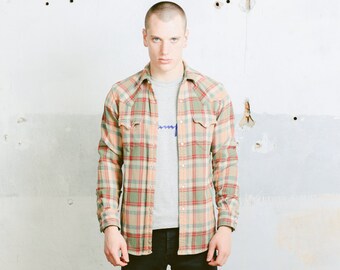 Vintage DOUBLE RL RRL Ralph Lauren Plaid Thick Shirt . Men's 90s Western Cowboy Style Thick Lumberjack Shirt Snap Buttons Red Beige . Small