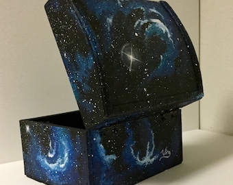 Galaxy box hand painted chest outerspace original art jewelry wooden keepsakebox coins candy misc. galaxies stars nebula space